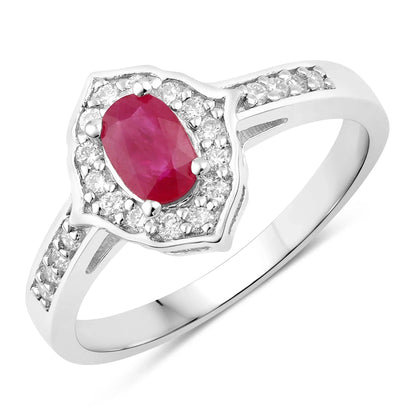 0.52 Ct Oval Pink Ruby & Lab Grown Diamond Prong Silver Halo Pave Band Ring
