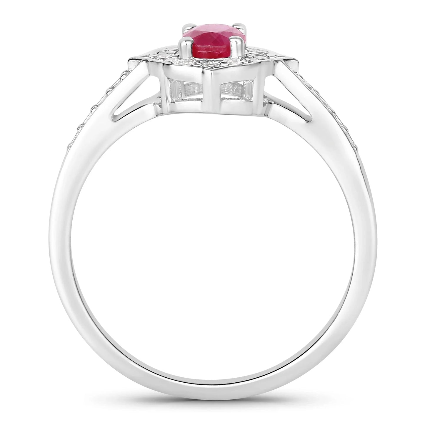 0.52 Ct Oval Pink Ruby & Lab Grown Diamond Prong Silver Halo Pave Band Ring