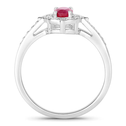 0.52 Ct Oval Pink Ruby & Lab Grown Diamond Prong Silver Halo Pave Band Ring