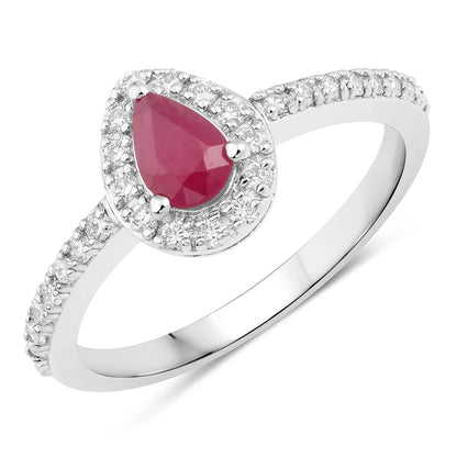 0.40 Ct Pear Pink Ruby & Lab Grown Diamond Prong Silver Halo Pave Band Ring