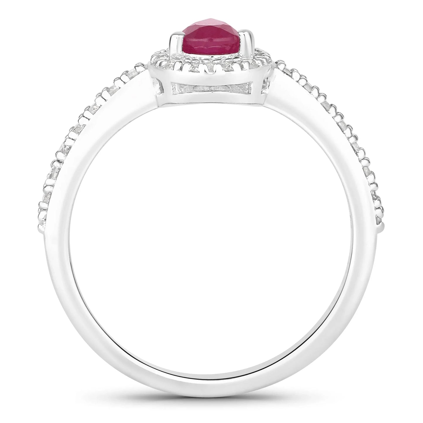 0.40 Ct Pear Pink Ruby & Lab Grown Diamond Prong Silver Halo Pave Band Ring
