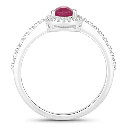 0.40 Ct Pear Pink Ruby & Lab Grown Diamond Prong Silver Halo Pave Band Ring