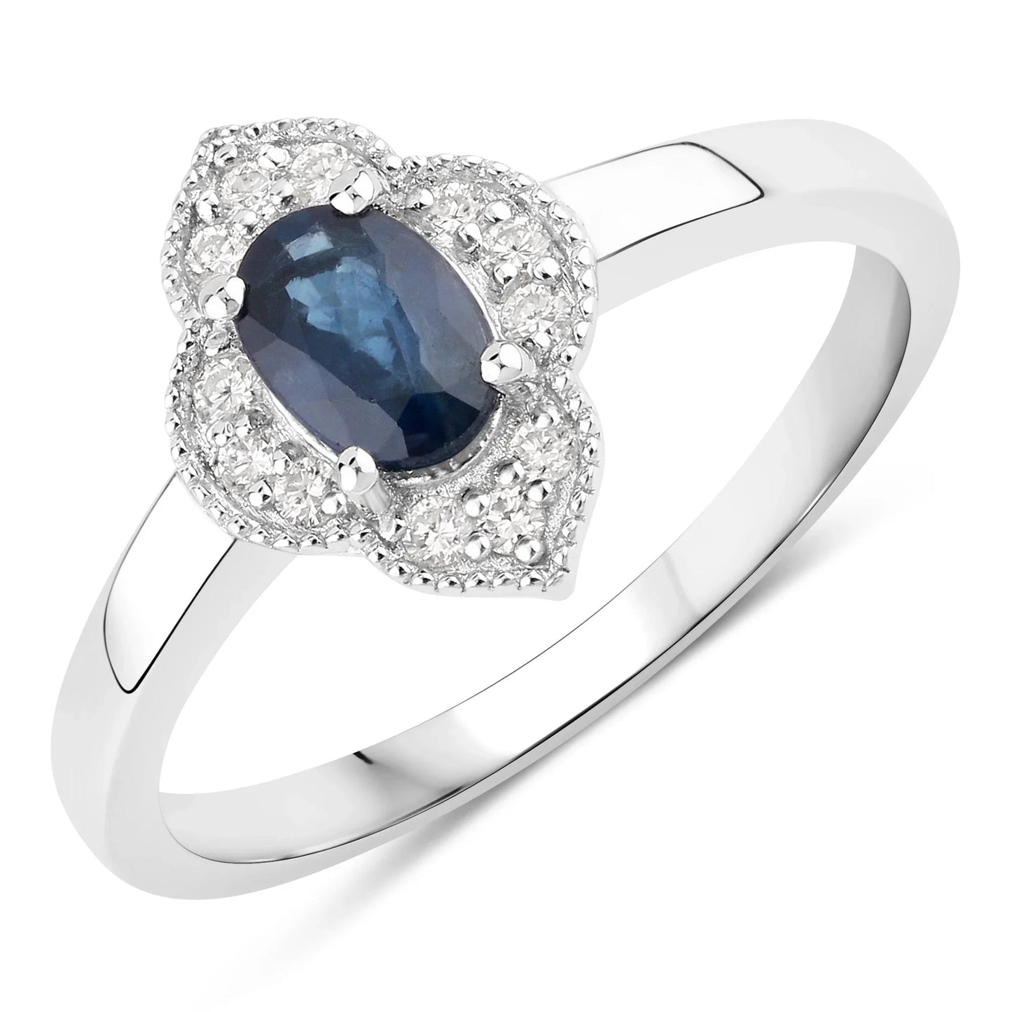0.48 Ct Oval Blue Sapphire and Lab Diamond Prong Silver Halo Floral Ring