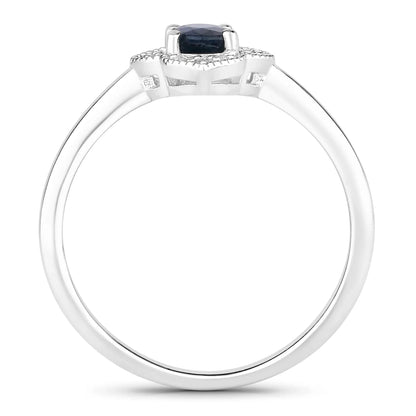 0.48 Ct Oval Blue Sapphire and Lab Diamond Prong Silver Halo Floral Ring