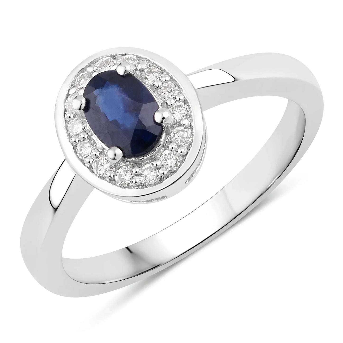 0.48 Ct Oval Blue Sapphire Lab Diamond Prong Silver Halo Statement Ring