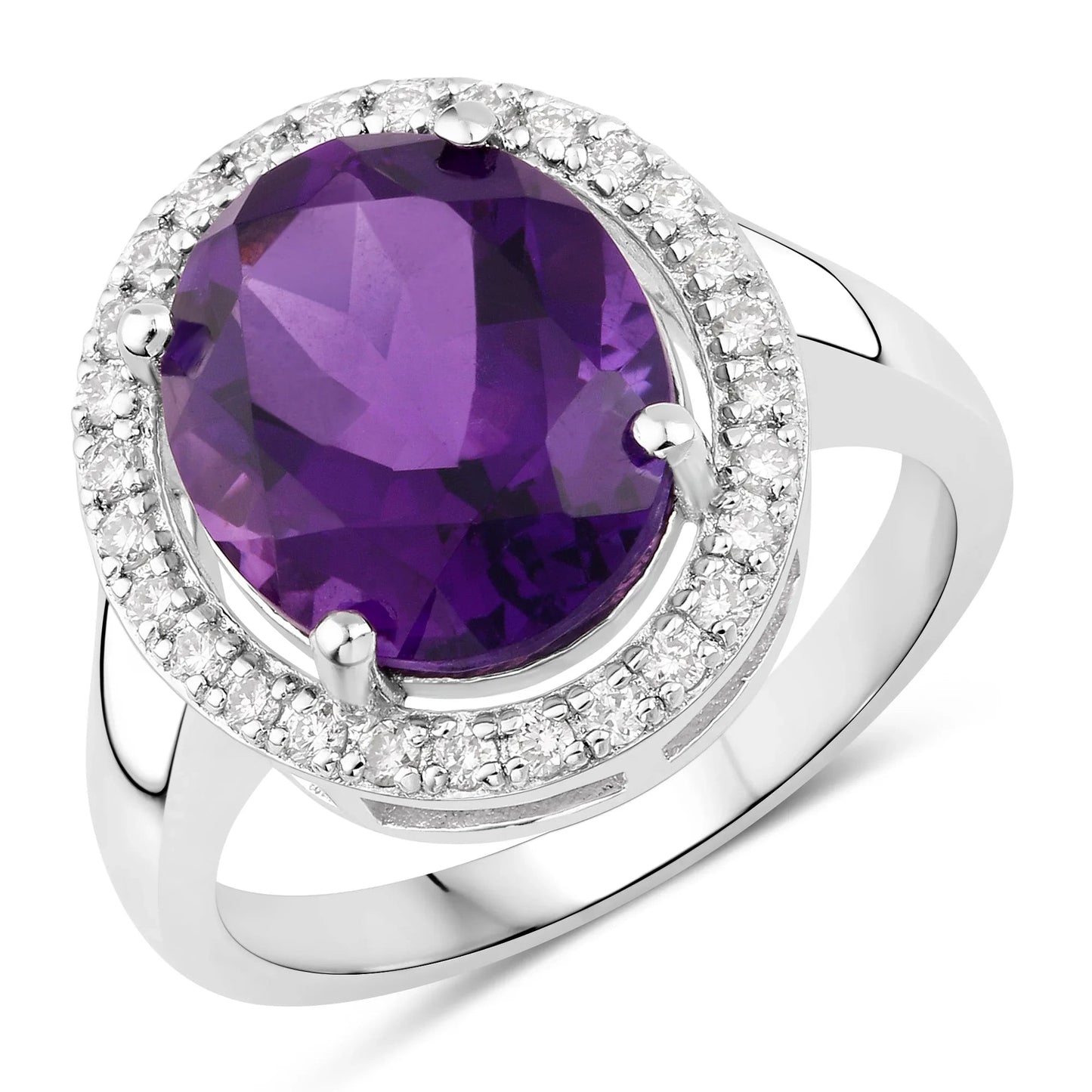 3.80 Ct Oval Purple Amethyst and Lab Diamond Prong Silver Halo Bridge Ring