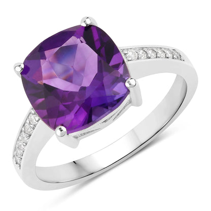 3.10 Ct Cushion Purple Amethyst and Lab Diamond Prong Silver Pave Bridge Ring