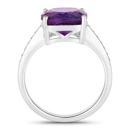 3.10 Ct Cushion Purple Amethyst and Lab Diamond Prong Silver Pave Bridge Ring