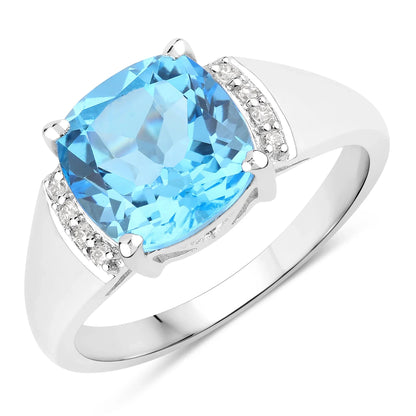 3.65 Ct Cushion Swiss Blue Topaz & Lab Diamond Prong Silver Cocktail Ring