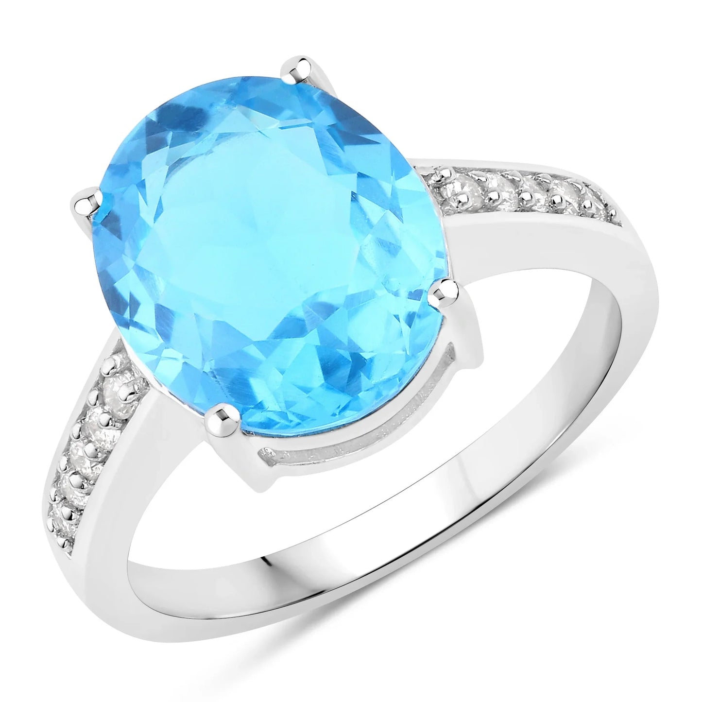 5.15 Ct Oval Swiss Blue Topaz & Lab Diamond Prong Silver Pave Bridge Ring