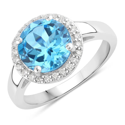 3.75 Ct Round Swiss Blue Topaz and Lab Diamond Prong Silver Halo Ring