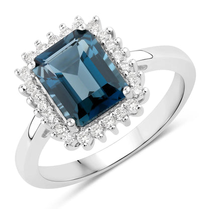 2.80 Ct Octagon London Blue Topaz and Lab Diamond Prong Silver Halo Ring