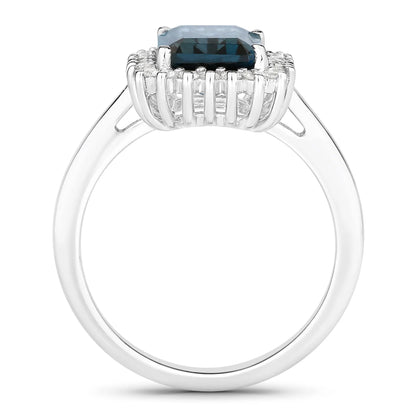 2.80 Ct Octagon London Blue Topaz and Lab Diamond Prong Silver Halo Ring