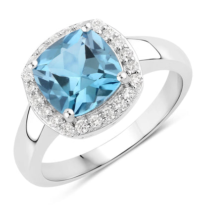 2.50 Ct Cushion London Blue Topaz and Lab Diamond Prong Silver Halo Ring