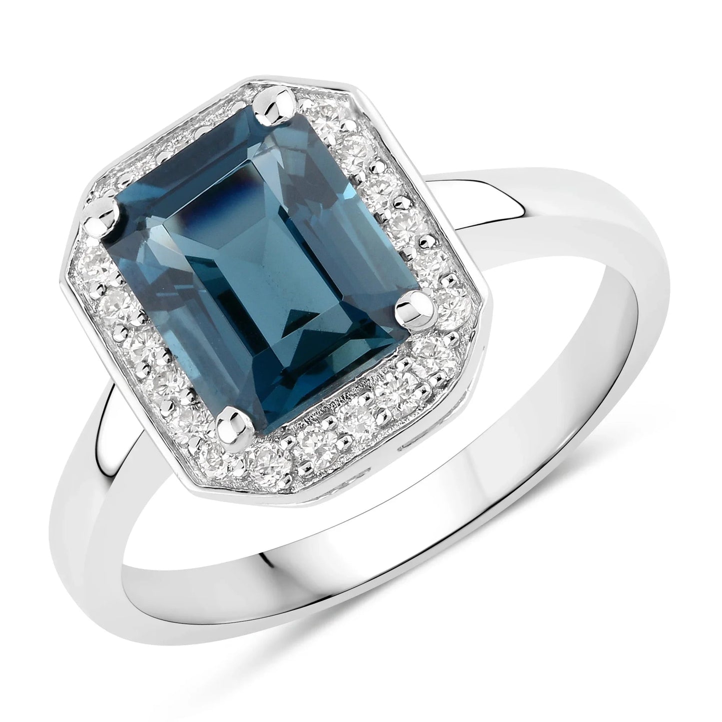 2.80 Ct Octagon London Blue Topaz and Lab Diamond Prong Silver Halo Ring