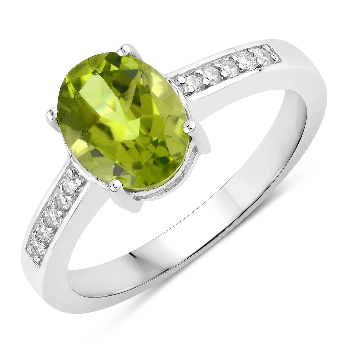 1.70 Ct Oval Green Peridot and Lab Diamond Prong Silver Pave Bridge Ring