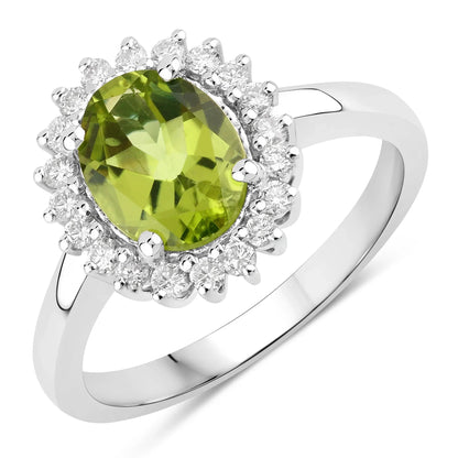 1.70 Ct Oval Green Peridot and Lab Diamond Prong Silver Halo Ring
