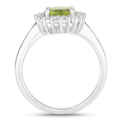 1.70 Ct Oval Green Peridot and Lab Diamond Prong Silver Halo Ring