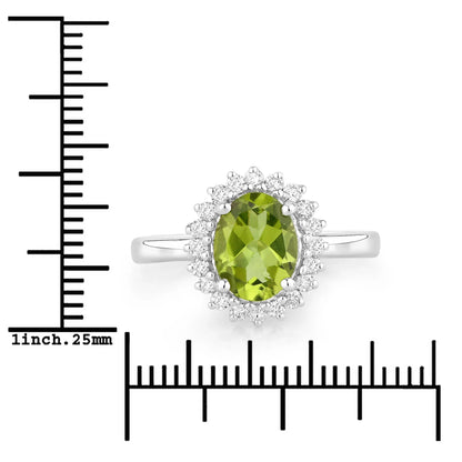 1.70 Ct Oval Green Peridot and Lab Diamond Prong Silver Halo Ring