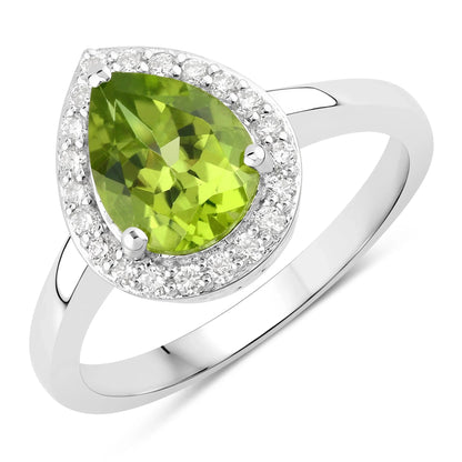 1.46 Ct Pear Green Peridot and Lab Diamond Prong Silver Halo Bridge Ring