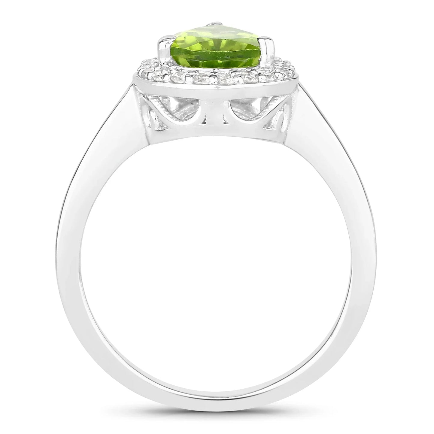 1.46 Ct Pear Green Peridot and Lab Diamond Prong Silver Halo Bridge Ring