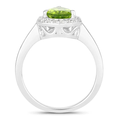 1.46 Ct Pear Green Peridot and Lab Diamond Prong Silver Halo Bridge Ring