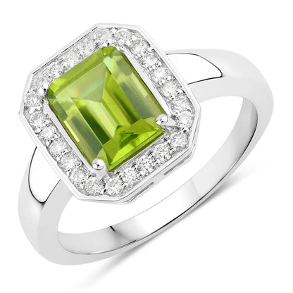 1.60 Ct Octagon Green Peridot and Lab Diamond Prong Silver Halo Bridge Ring