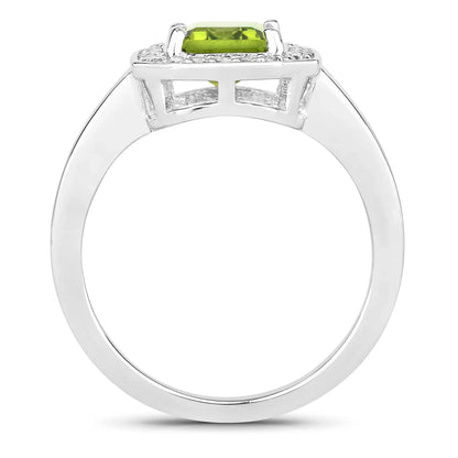 1.60 Ct Octagon Green Peridot and Lab Diamond Prong Silver Halo Bridge Ring