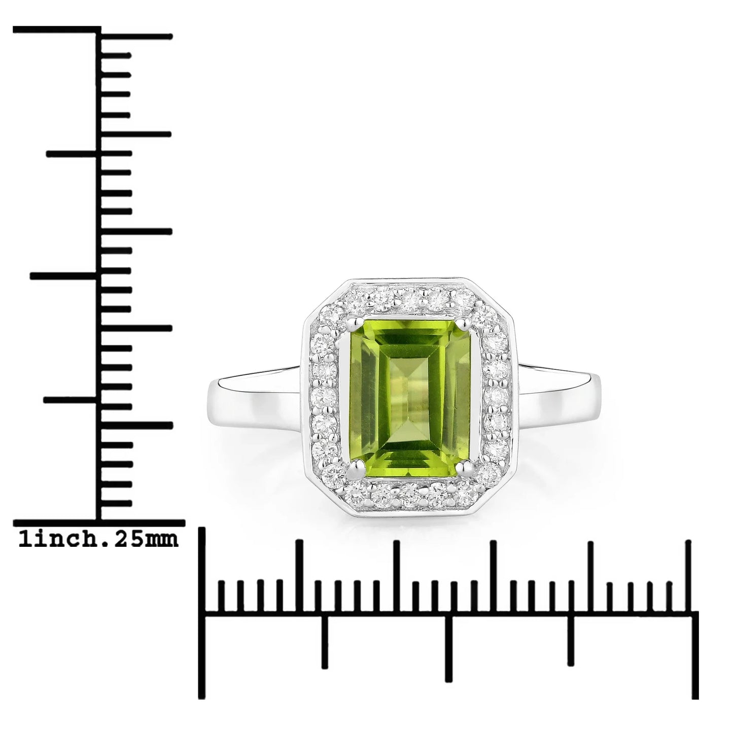 1.60 Ct Octagon Green Peridot and Lab Diamond Prong Silver Halo Bridge Ring