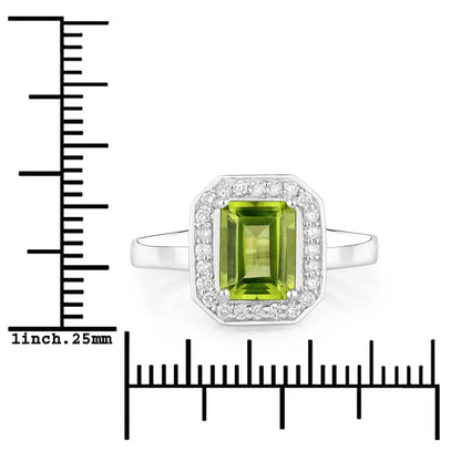 1.60 Ct Octagon Green Peridot and Lab Diamond Prong Silver Halo Bridge Ring
