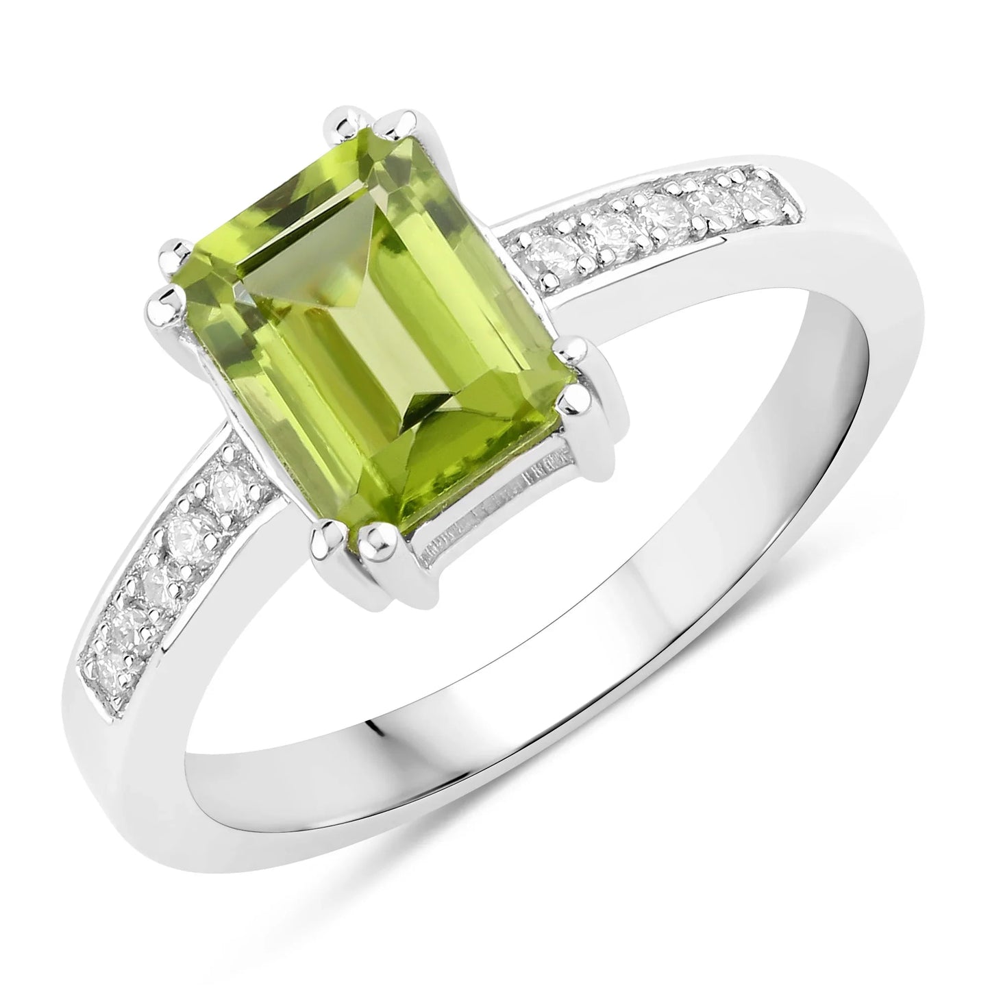 1.60 Ct Octagon Green Peridot and Lab Diamond Prong Silver Pave Bridge Ring