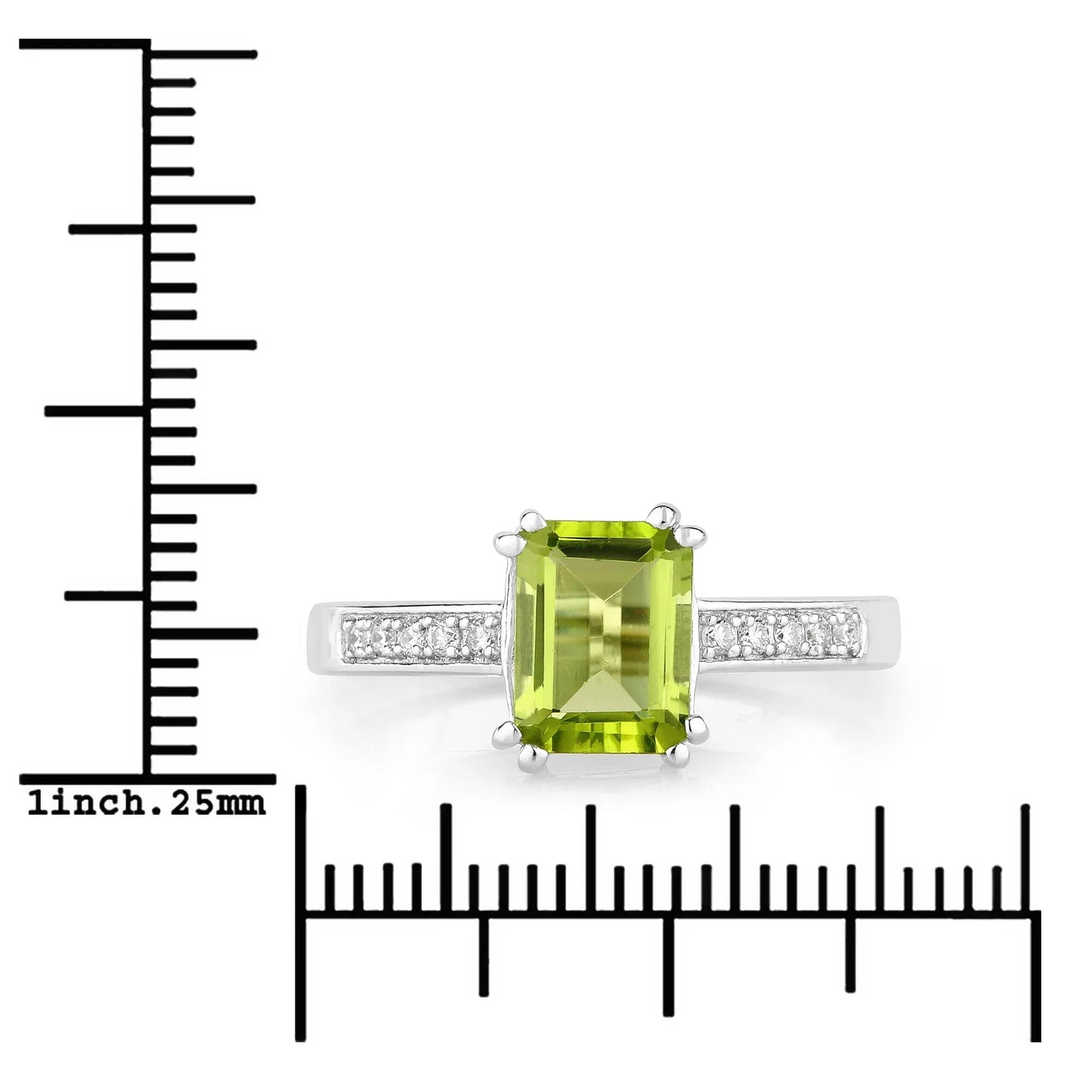 1.60 Ct Octagon Green Peridot and Lab Diamond Prong Silver Pave Bridge Ring