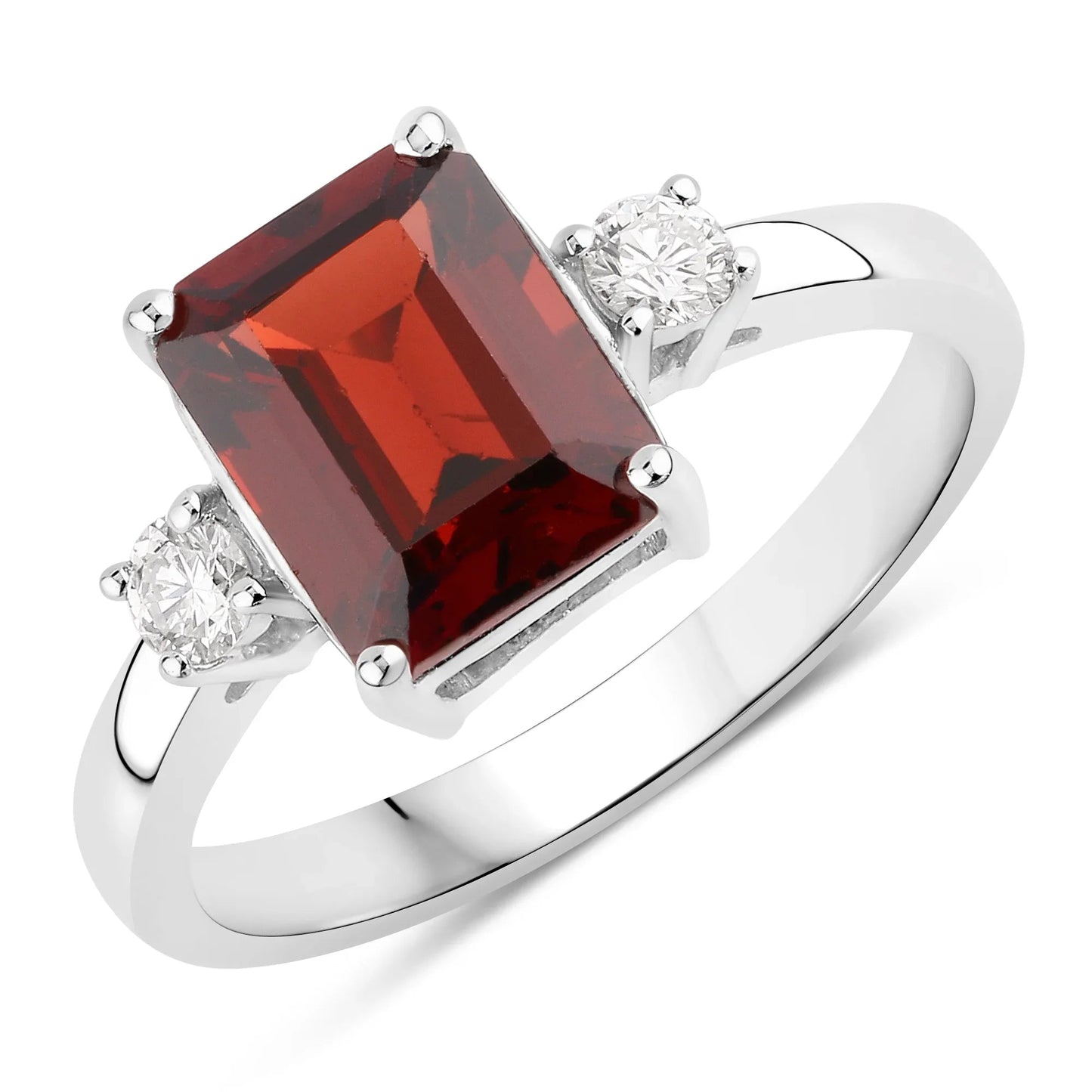 2.55 Ct Octagon Red Garnet Lab Diamond Prong Silver Three Stone Ring