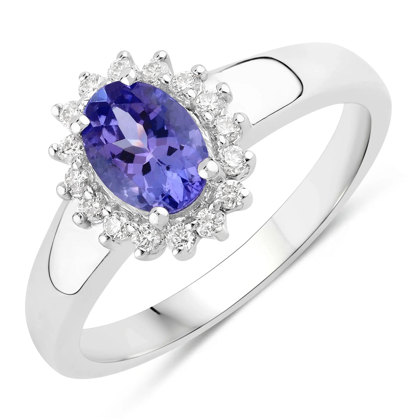 0.75 Ct Oval Violet Tanzanite and Lab Diamond Prong Silver Halo Floral Ring
