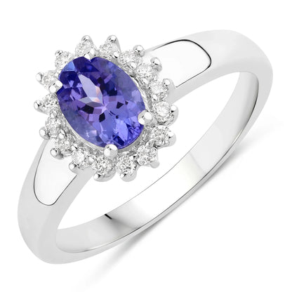 0.75 Ct Oval Violet Tanzanite and Lab Diamond Prong Silver Halo Floral Ring
