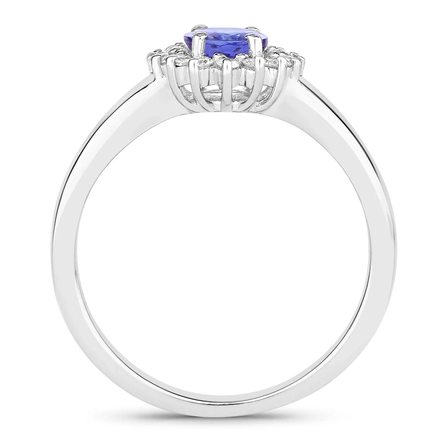 0.75 Ct Oval Violet Tanzanite and Lab Diamond Prong Silver Halo Floral Ring
