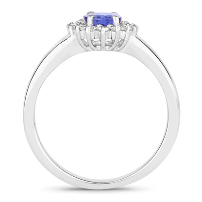 0.75 Ct Oval Violet Tanzanite and Lab Diamond Prong Silver Halo Floral Ring