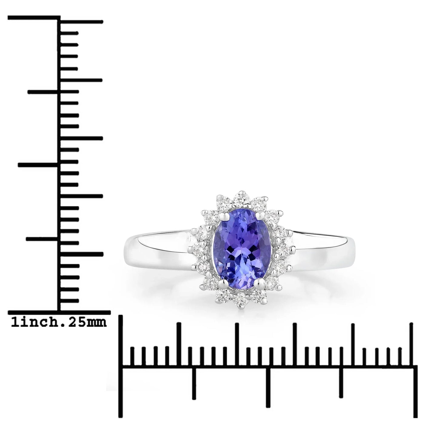 0.75 Ct Oval Violet Tanzanite and Lab Diamond Prong Silver Halo Floral Ring