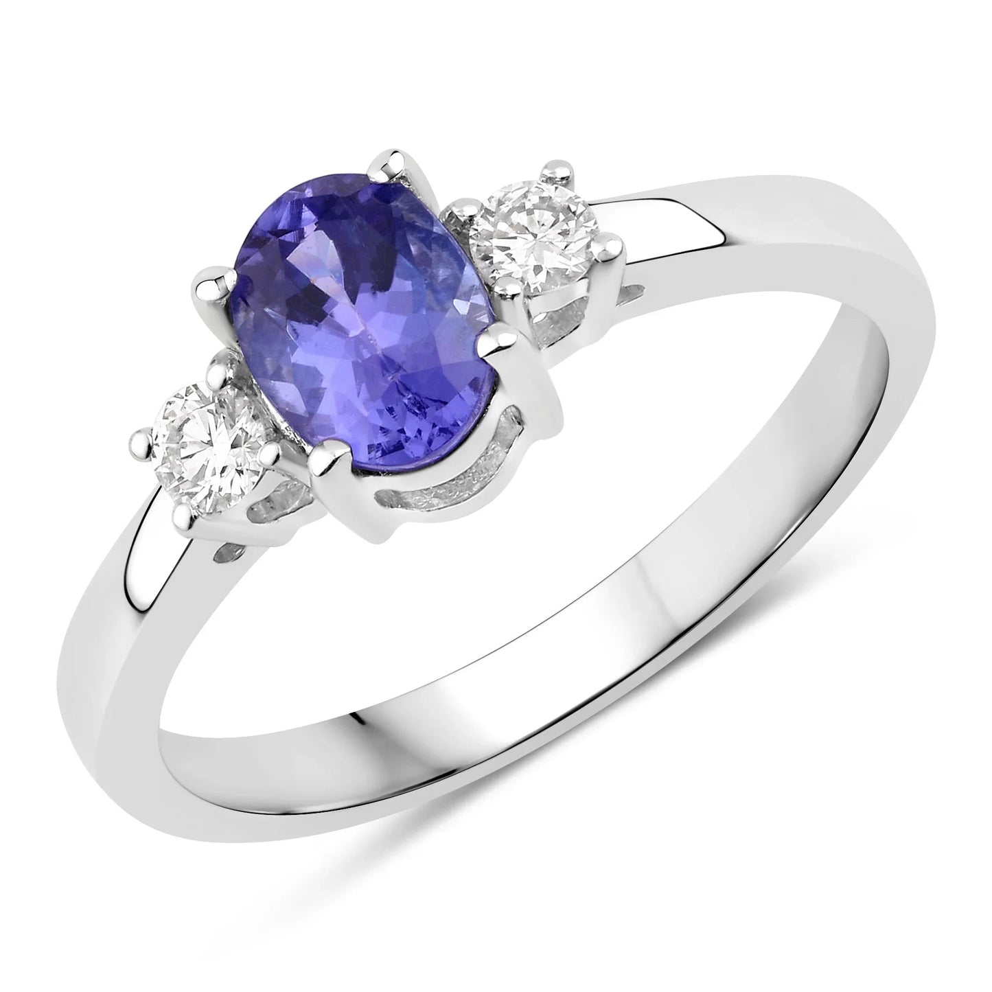 0.75 Ct Oval Violet Tanzanite and Lab Diamond Prong Silver Three Stone Ring