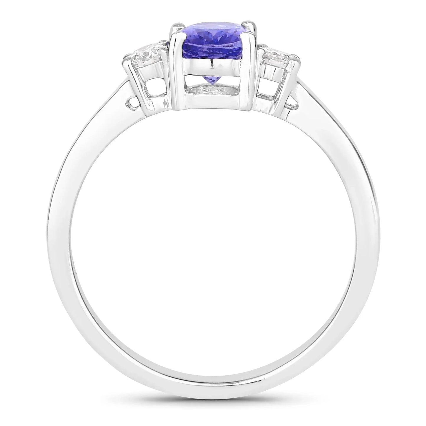 0.75 Ct Oval Violet Tanzanite and Lab Diamond Prong Silver Three Stone Ring