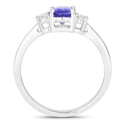 0.75 Ct Oval Violet Tanzanite and Lab Diamond Prong Silver Three Stone Ring