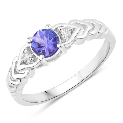 0.47 Ct Round Violet Tanzanite and Lab Diamond Prong Silver Three Stone Ring