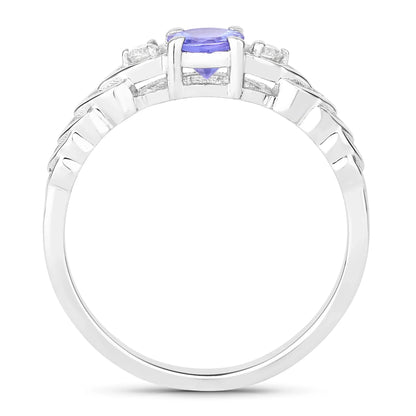 0.47 Ct Round Violet Tanzanite and Lab Diamond Prong Silver Three Stone Ring