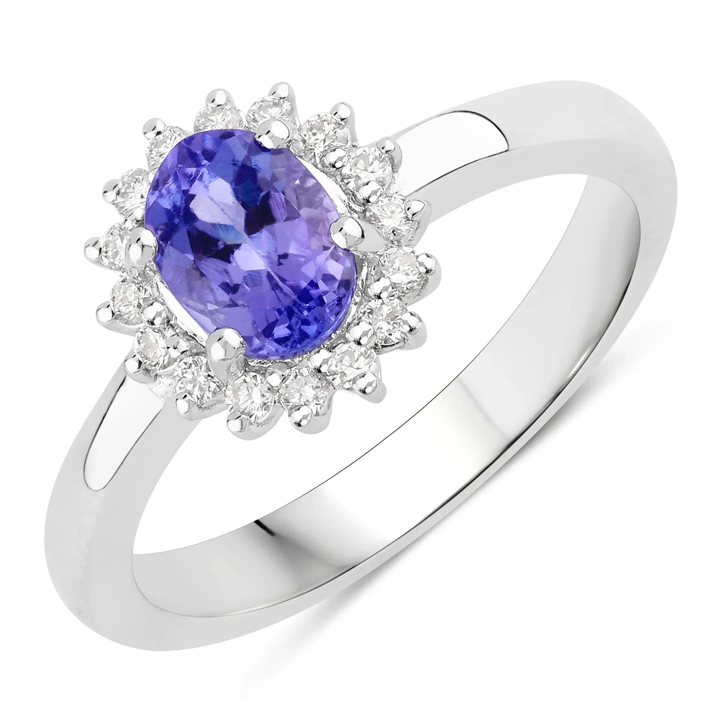 0.75 Ct Oval Violet Tanzanite and Lab Diamond Prong Silver Halo Ring