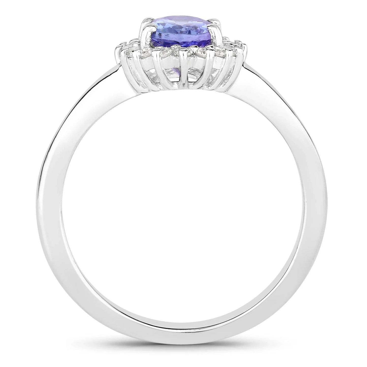 0.75 Ct Oval Violet Tanzanite and Lab Diamond Prong Silver Halo Ring
