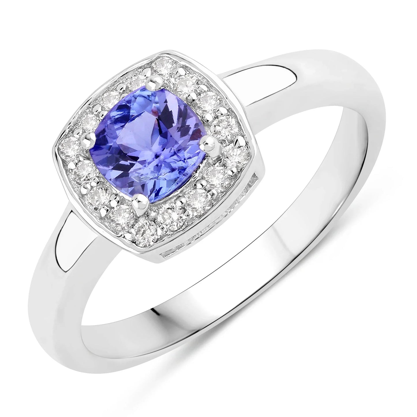 0.55 Ct Cushion Violet Tanzanite and Lab Diamond Prong Silver Halo Bridge Ring