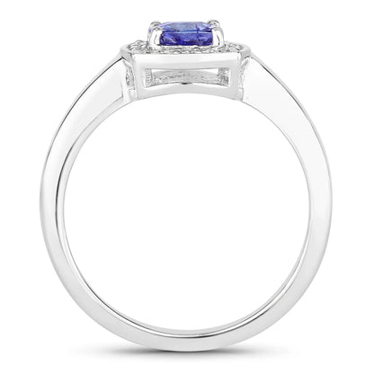 0.55 Ct Cushion Violet Tanzanite and Lab Diamond Prong Silver Halo Bridge Ring