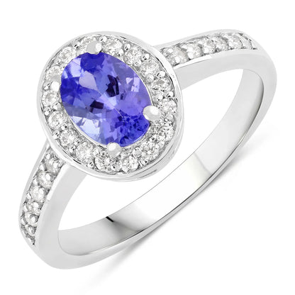0.75 Ct Oval Violet Tanzanite & Lab Diamond Prong Silver Pave Halo Bridge Ring
