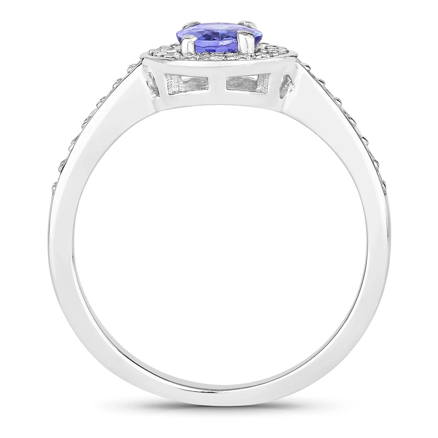 0.75 Ct Oval Violet Tanzanite & Lab Diamond Prong Silver Pave Halo Bridge Ring