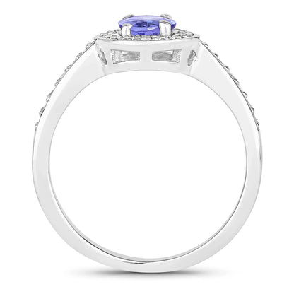 0.75 Ct Oval Violet Tanzanite & Lab Diamond Prong Silver Pave Halo Bridge Ring
